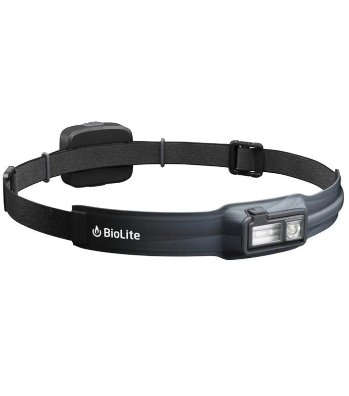 Black headlamp with an adjustable strap on a white background