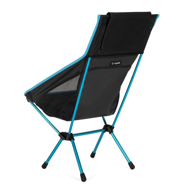Black camping chair with blue legs on a white background