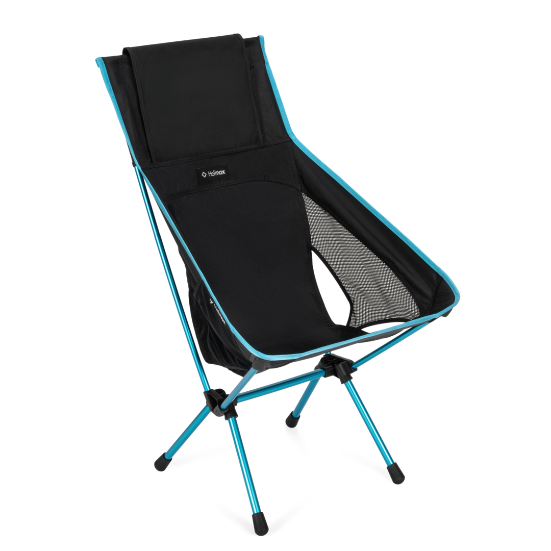 A black and gray camping chair with a bright blue frame, shown on a clean white background. The brand name &