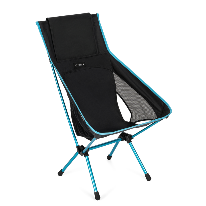A black and gray camping chair with a bright blue frame, shown on a clean white background. The brand name &