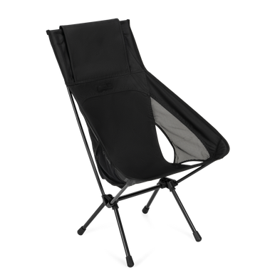 A black folding camping chair with a high backrest and tripod-style legs, shown on a plain white background.