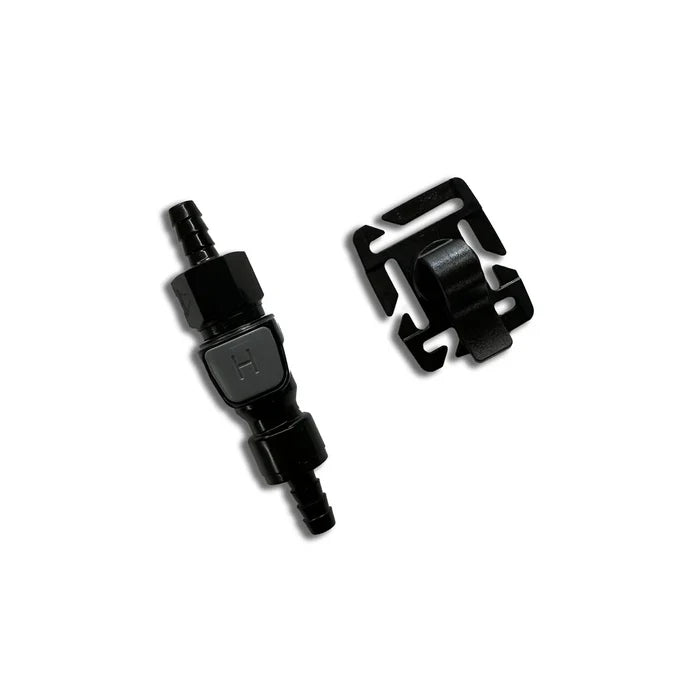 Two black plastic connectors on a white background