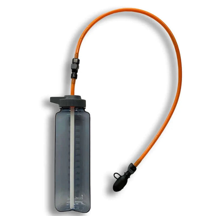 Hydration swig with orange coloured hose attached to a water bottle on a white background. 