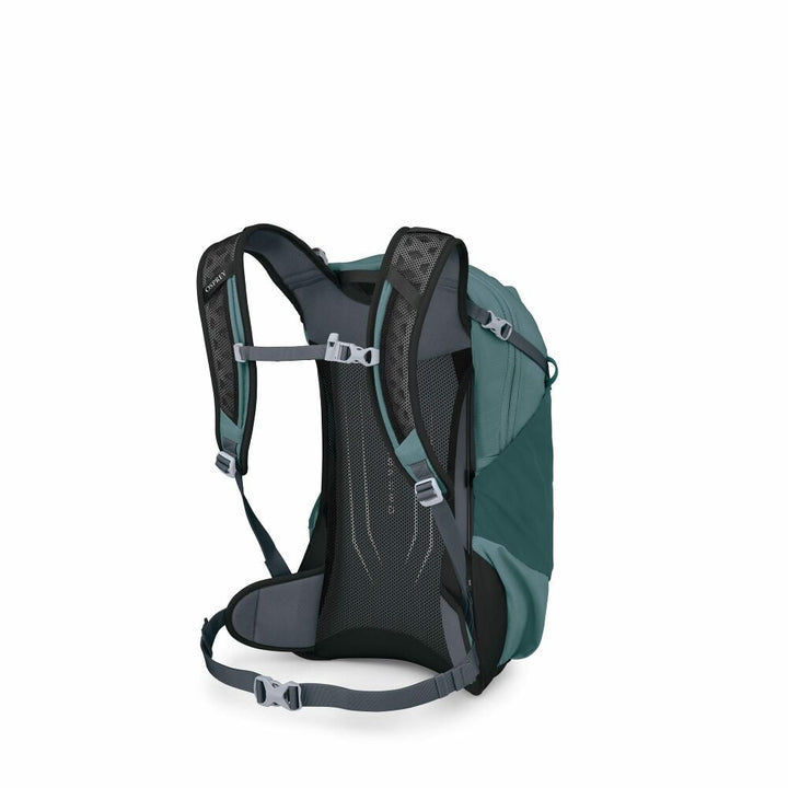 Teal and black backpack on a white background