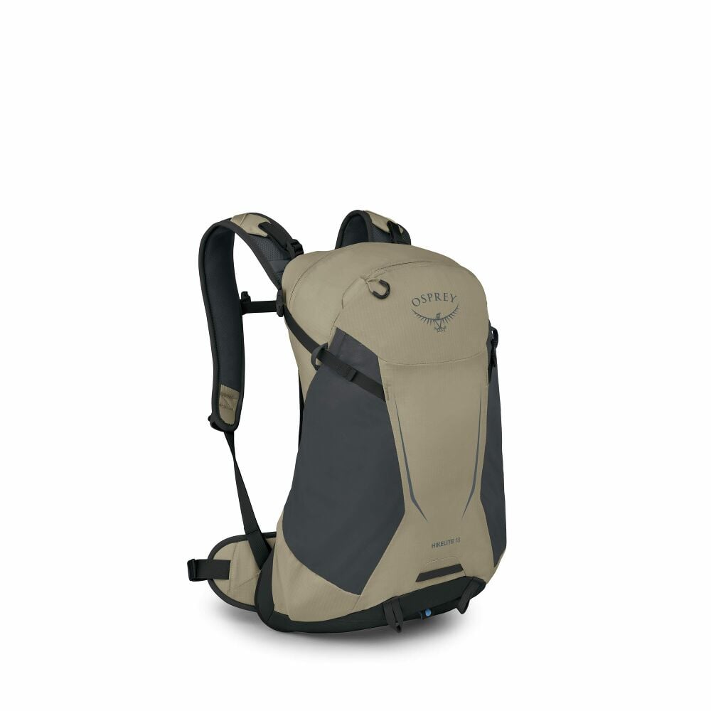 Beige and black Osprey backpack on a white background