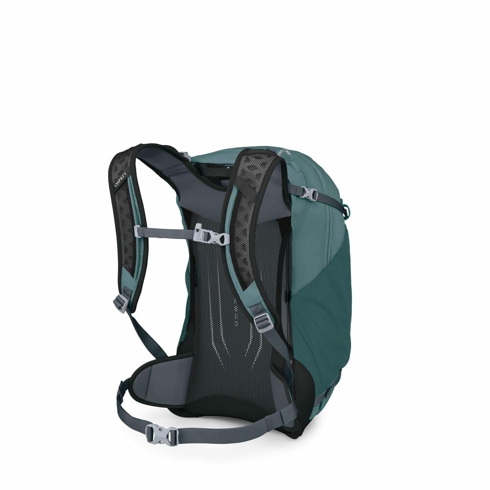 Teal and black backpack on a white background