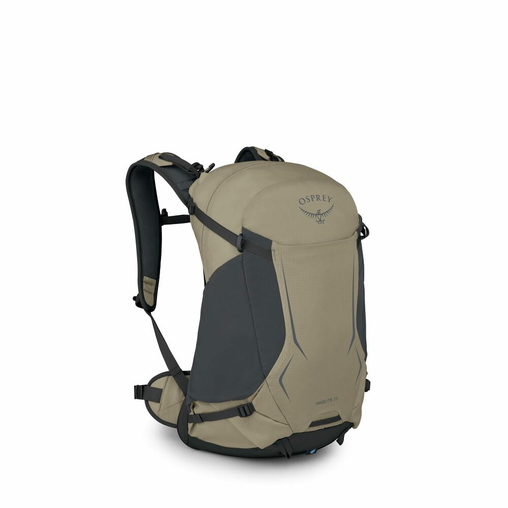 Beige and grey Osprey backpack on a white background