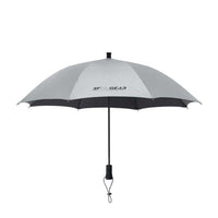 Grey umbrella with black handle and shaft on a white background