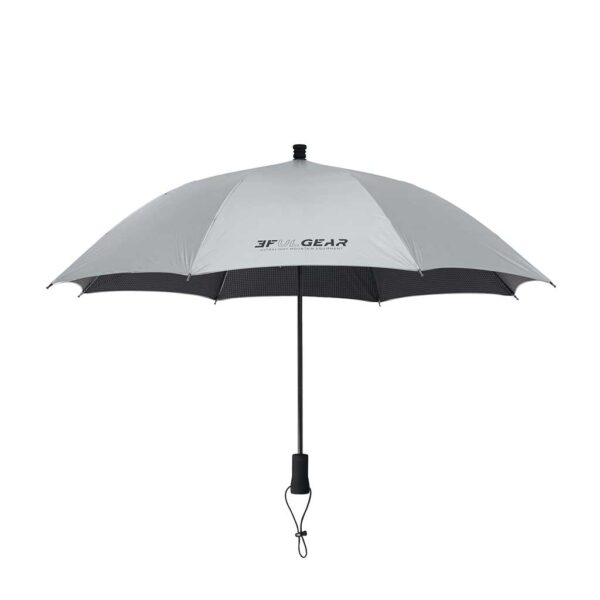 Grey umbrella with black handle and shaft on a white background