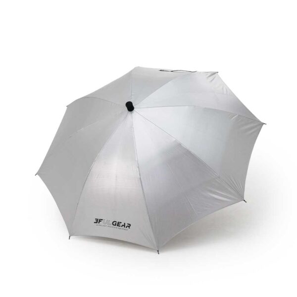 Grey umbrella with a brand logo on a white background