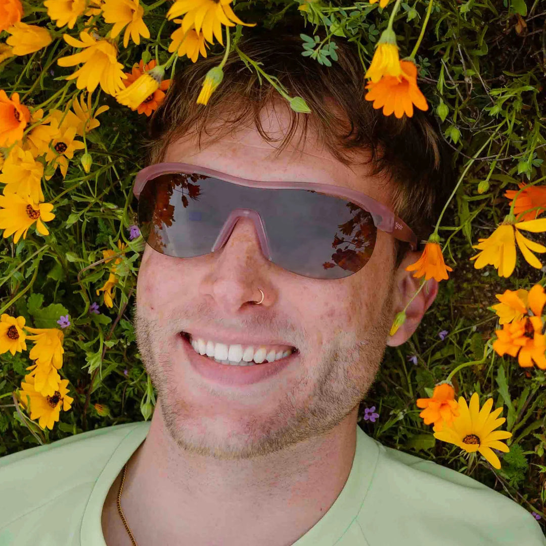 Person wearing sunglasses with a background of yellow flowers