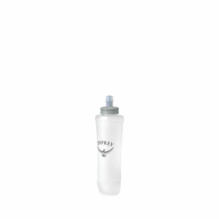 Soft flask transparent bottle with Osprey logo in the middle on a white background. 