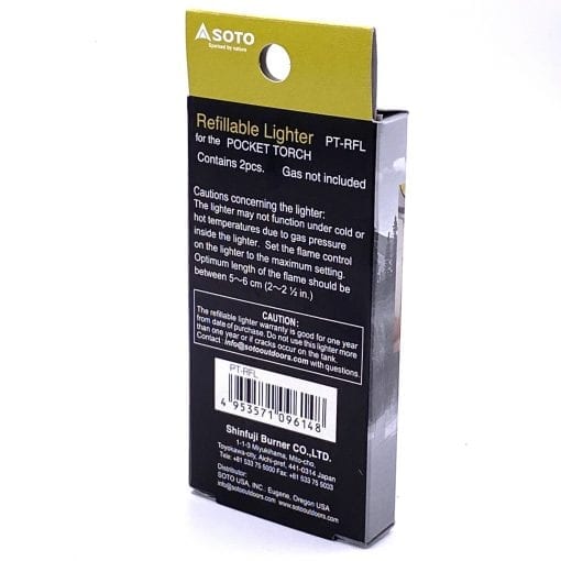 Soto Refillable Pocket Torch lighters in retail packaging, containing two clear refillable torches with black and silver tops, shown against a plain white background.