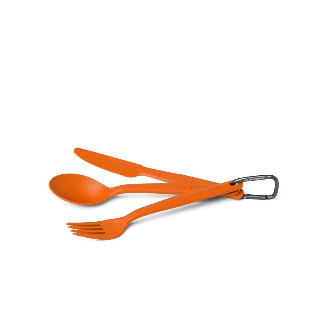 Orange camping utensil set with a carabiner on a white background