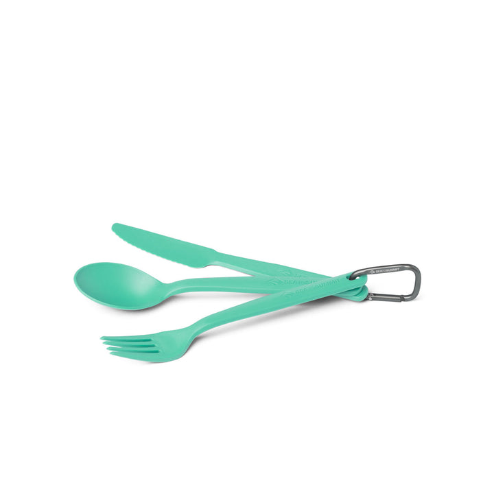 Set of green cutlery with a carabiner on a white background