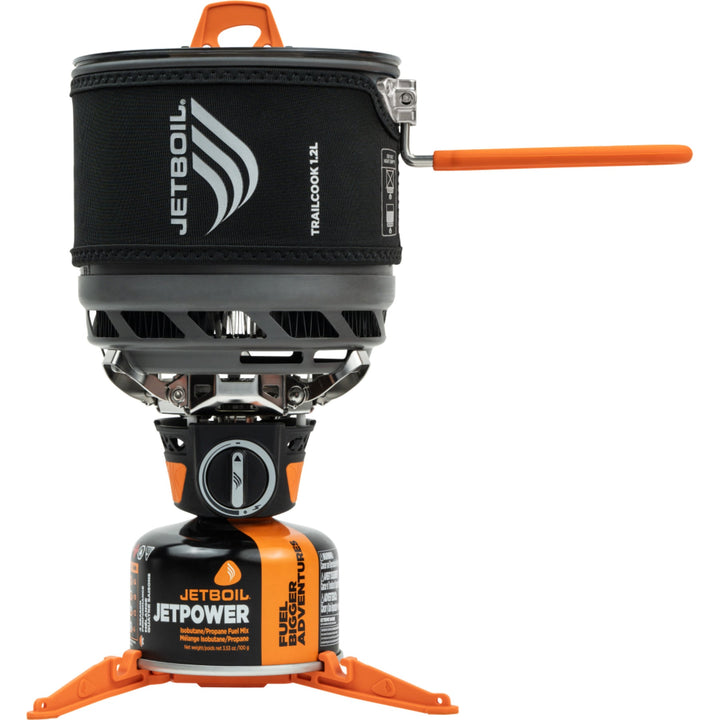 Jetboil cooking system with black cosy and orange accents on a white background