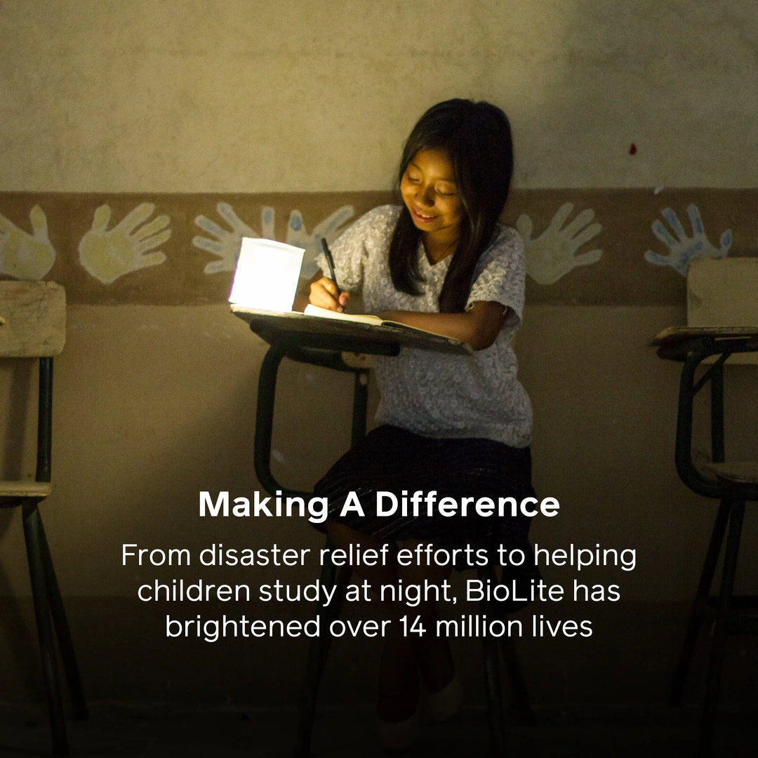 Person studying at a desk with a light source, surrounded by handprints on the wall, with BioLite branding.
