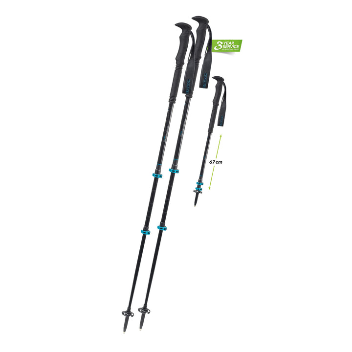 Black trekking poles with blue details on a white background