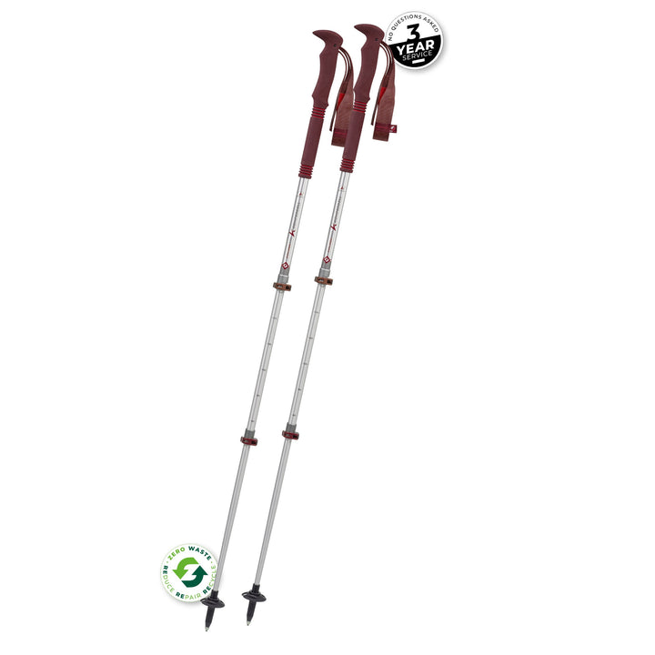 Two red and silver trekking poles on a white background