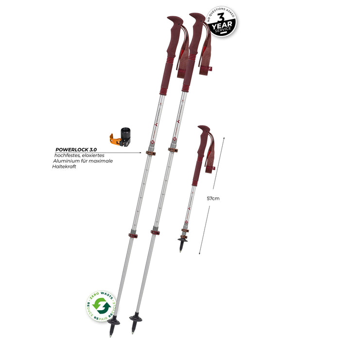 Red and silver trekking poles on a white background with measurements shown