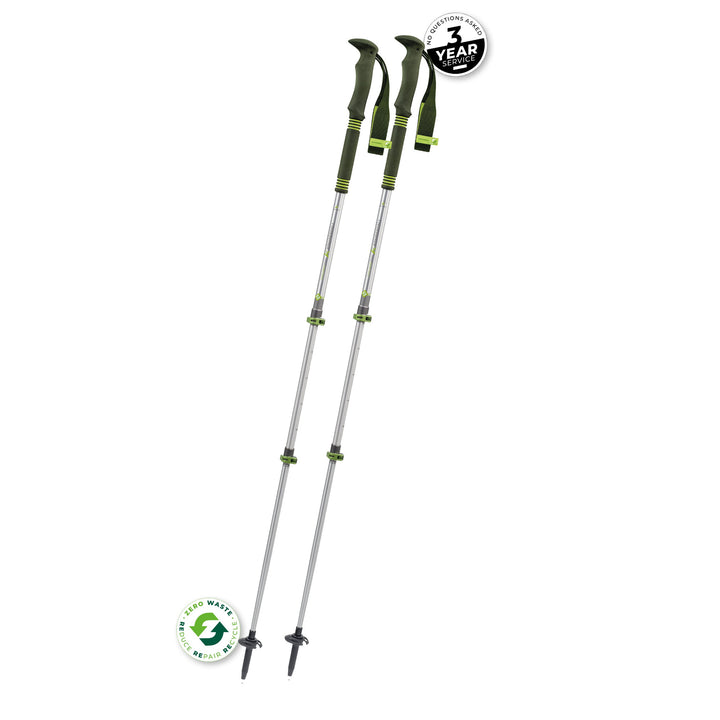 Black and silver trekking poles with green detailing on a white background