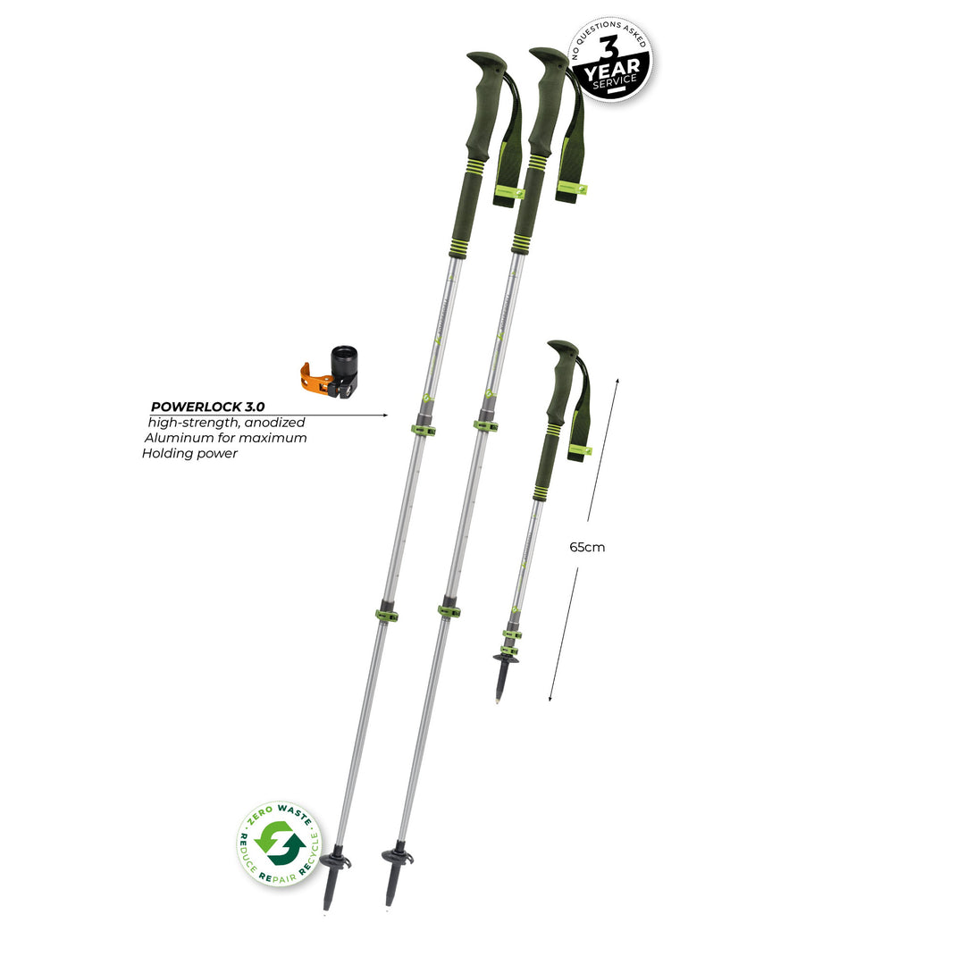 Black and silver trekking poles on a white background with measurements
