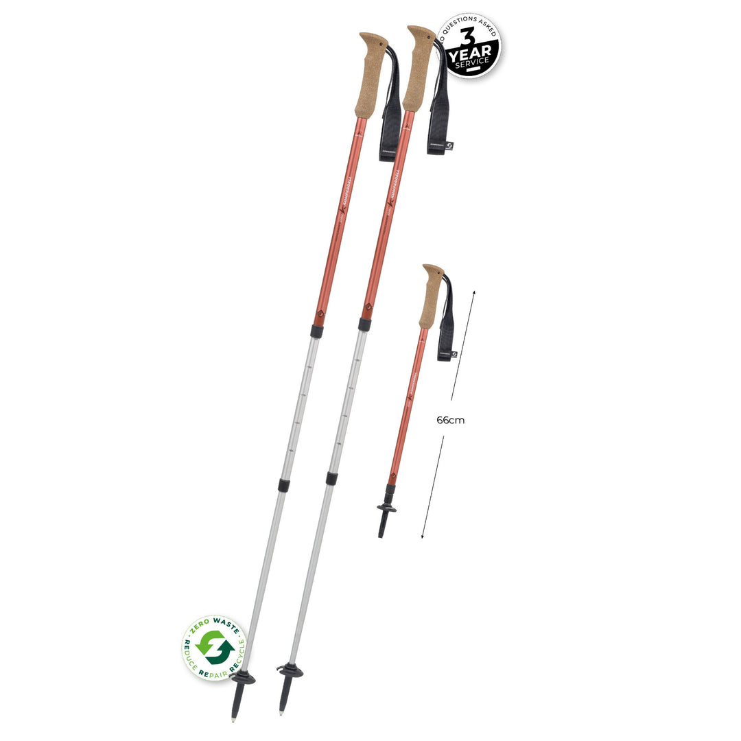 Red and silver trekking poles with measurement details on a white background.