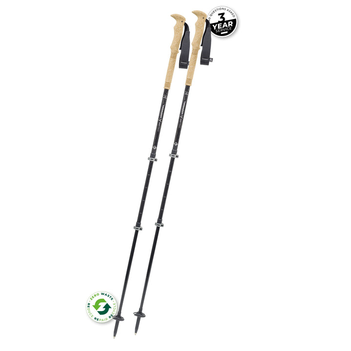 Two black trekking poles with cork coloured grips on a white background