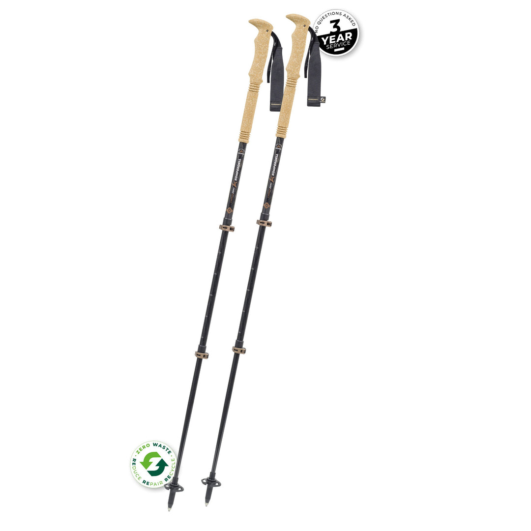 Two black trekking poles with cork coloured handles on a white background