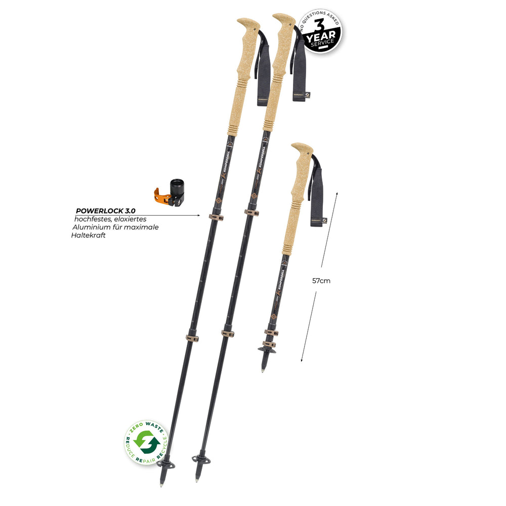 Black hiking poles with measurements on a white background