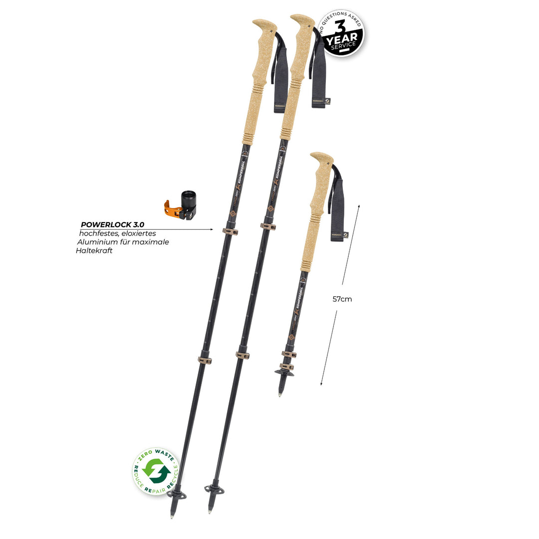 Black hiking poles with measurements on a white background