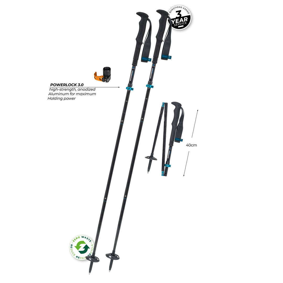 Black trekking poles with features highlighted on a white background