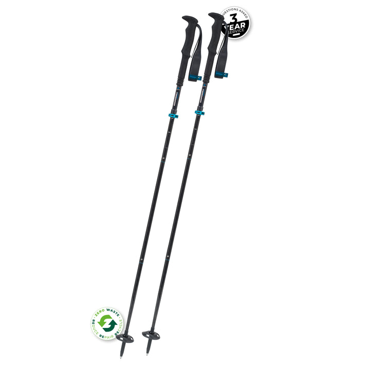 Two black trekking pole with blue accents on a white background