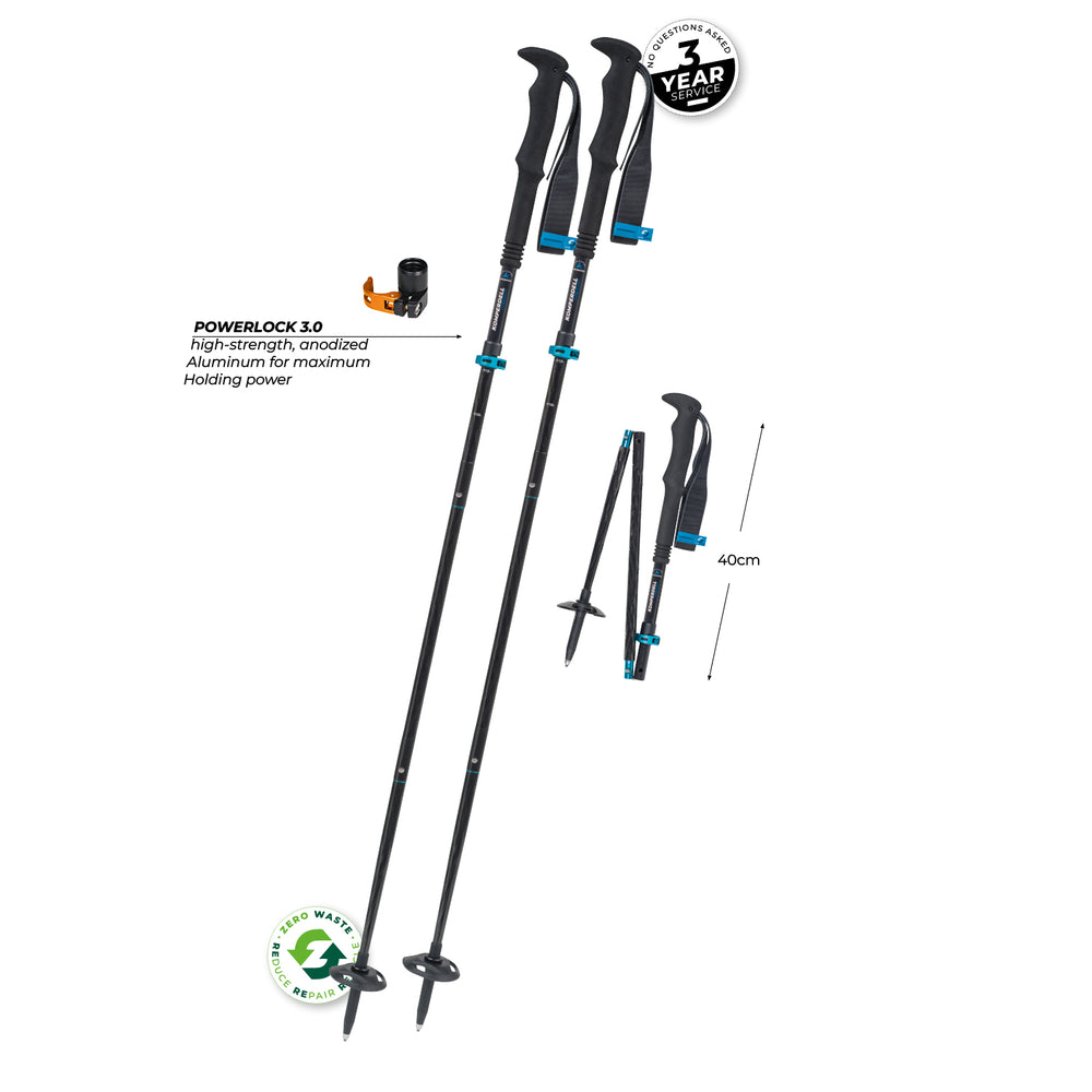 Two black trekking poles with measurement information on a white background