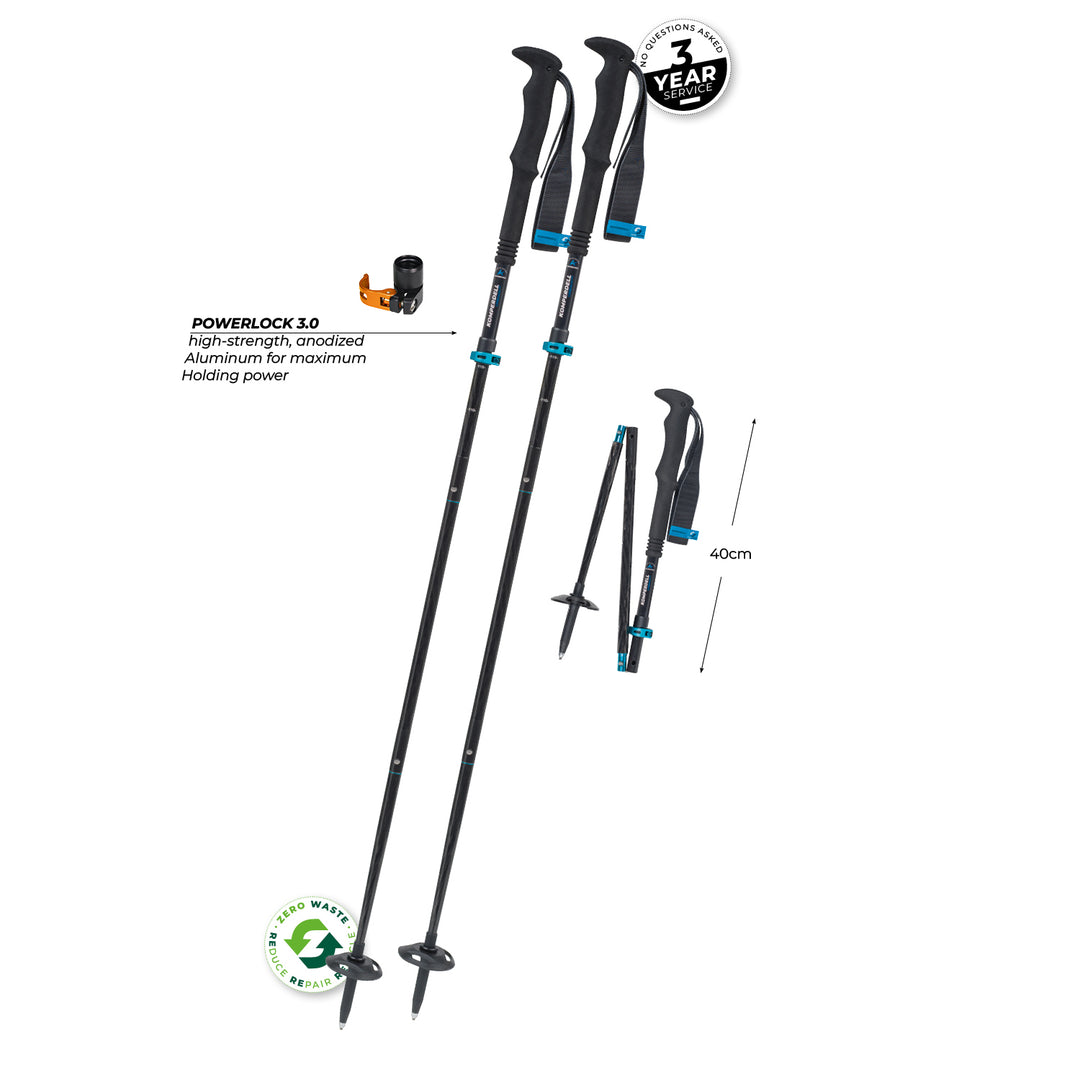 Two black trekking poles with measurement information on a white background