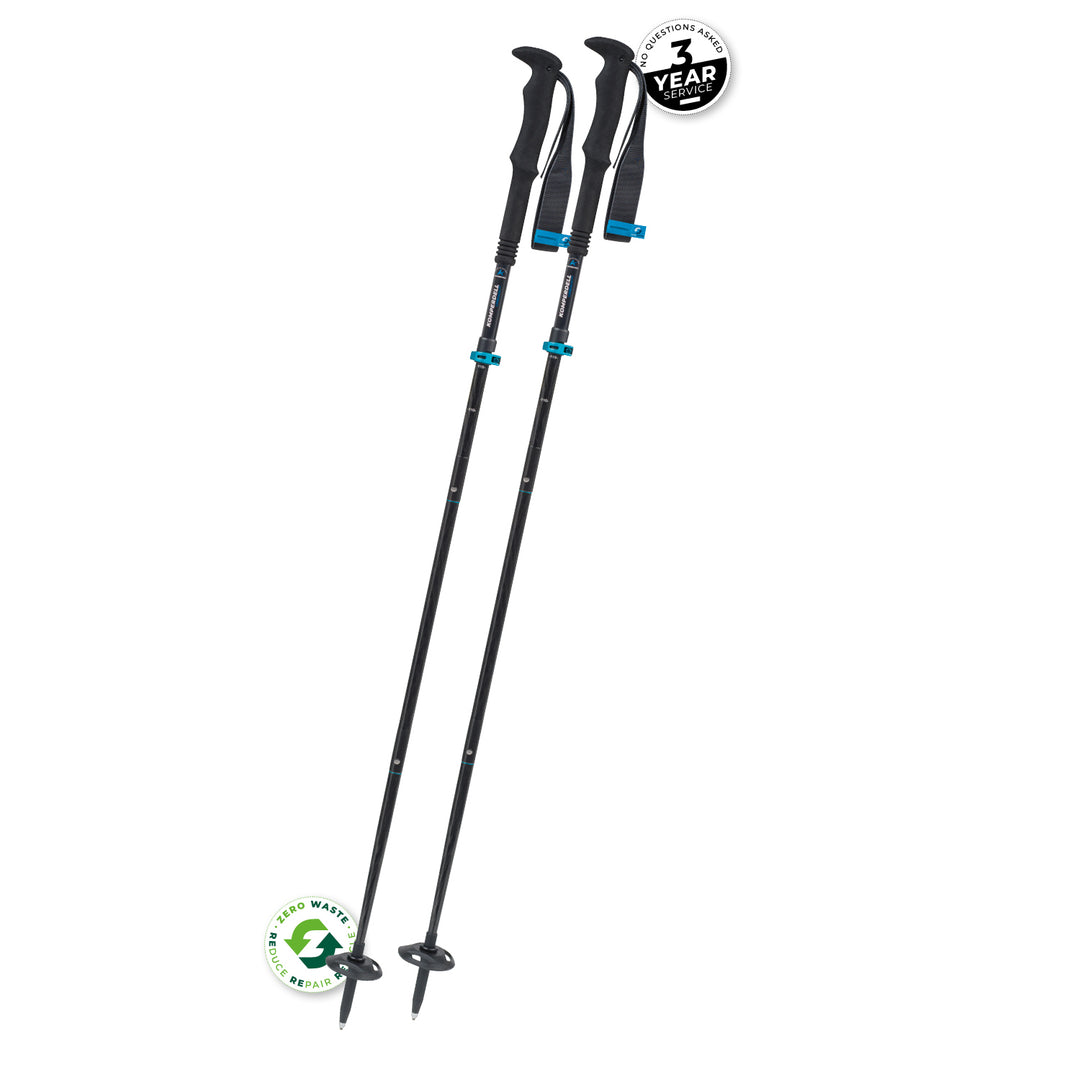 Two black trekking poles with blue accents on a white background