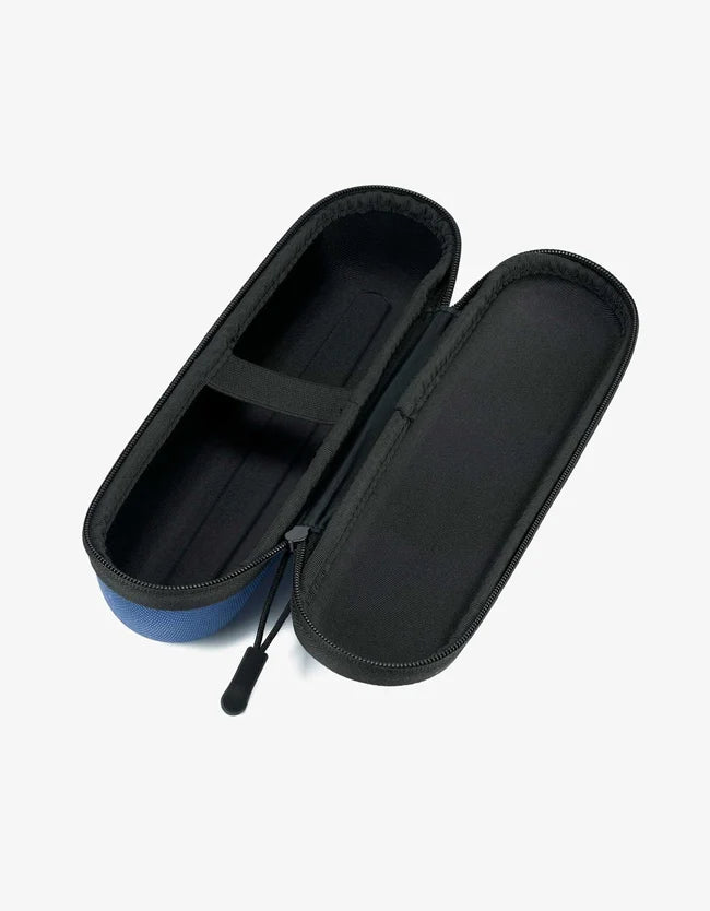 Black carrying case with a blue exterior and black interior on a white background