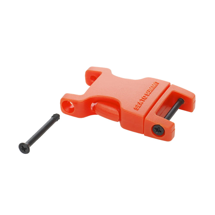 Red clip with a screw on a white background