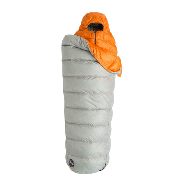 Gray and orange sleeping bag system with a hood on a white background