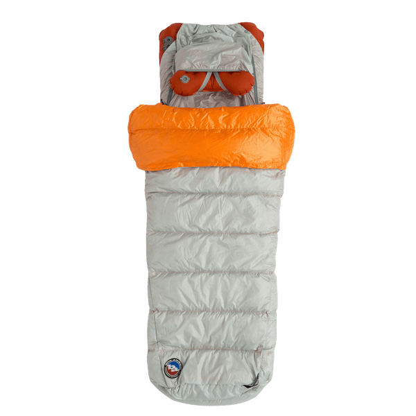 Gray and orange sleeping bag system on a white background.