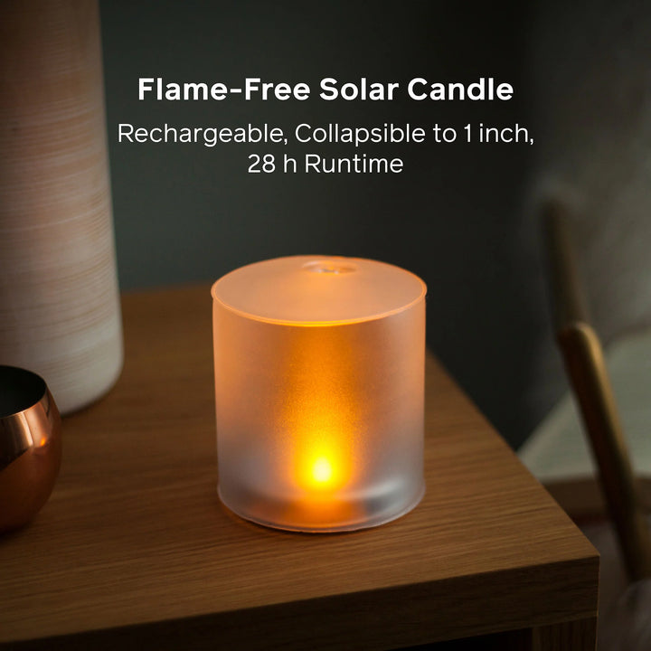 Flame-free solar candle on a wooden surface with text describing features.