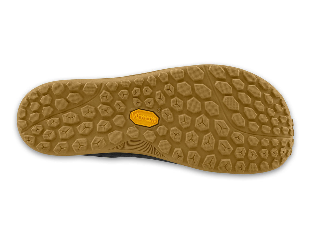 Close-up of a brown shoe sole with a brand logo on a white background
