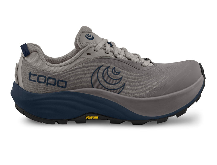 Grey running shoe with blue sole on a white background