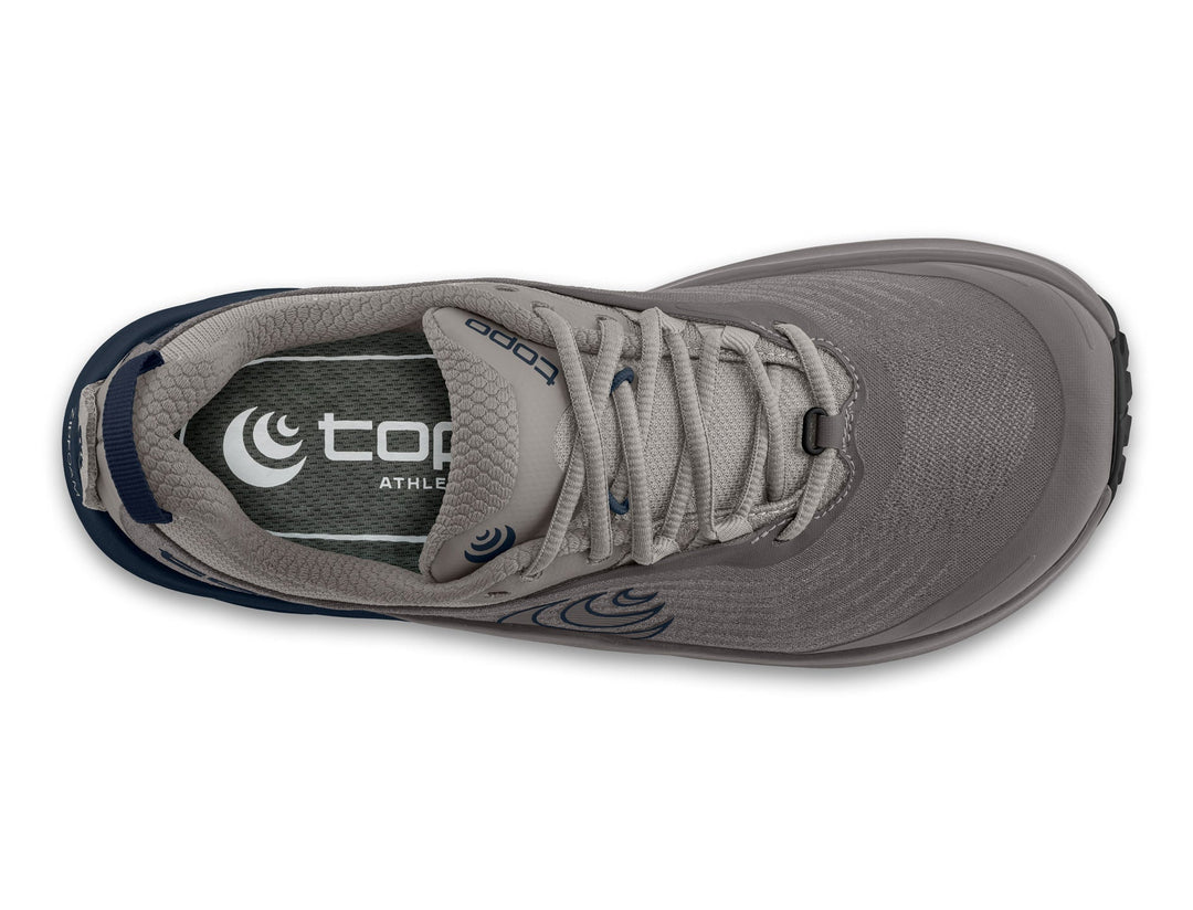 Grey athletic shoe with laces on a white background