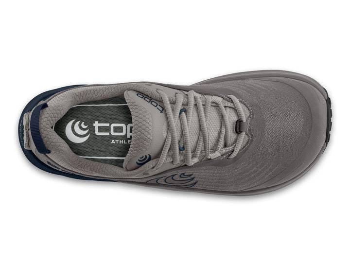 Grey athletic shoe with laces on a white background