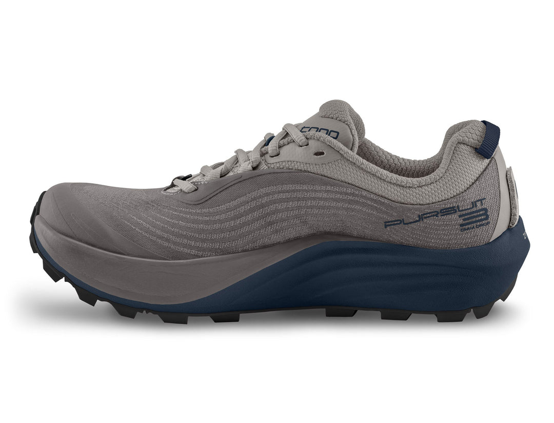 Grey and blue running shoe on a white background