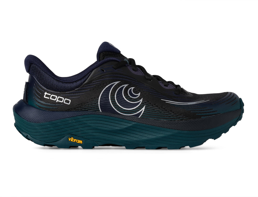 Navy running shoe with white logo on a white background