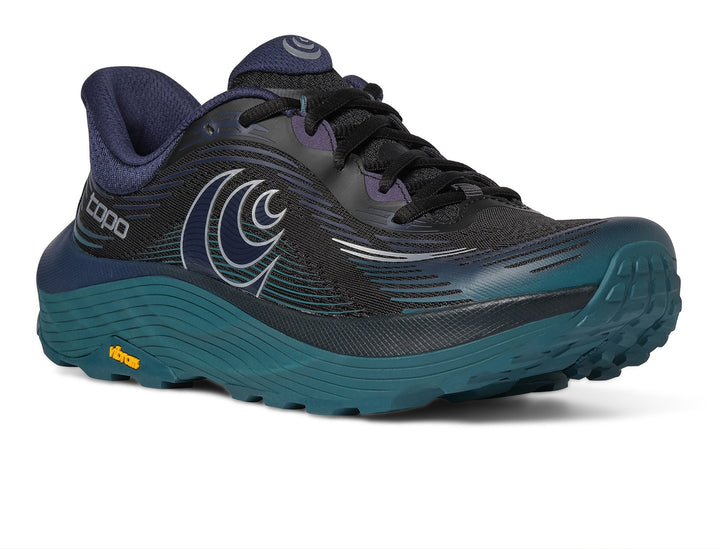 Black and blue running shoe with brand logo on a white background