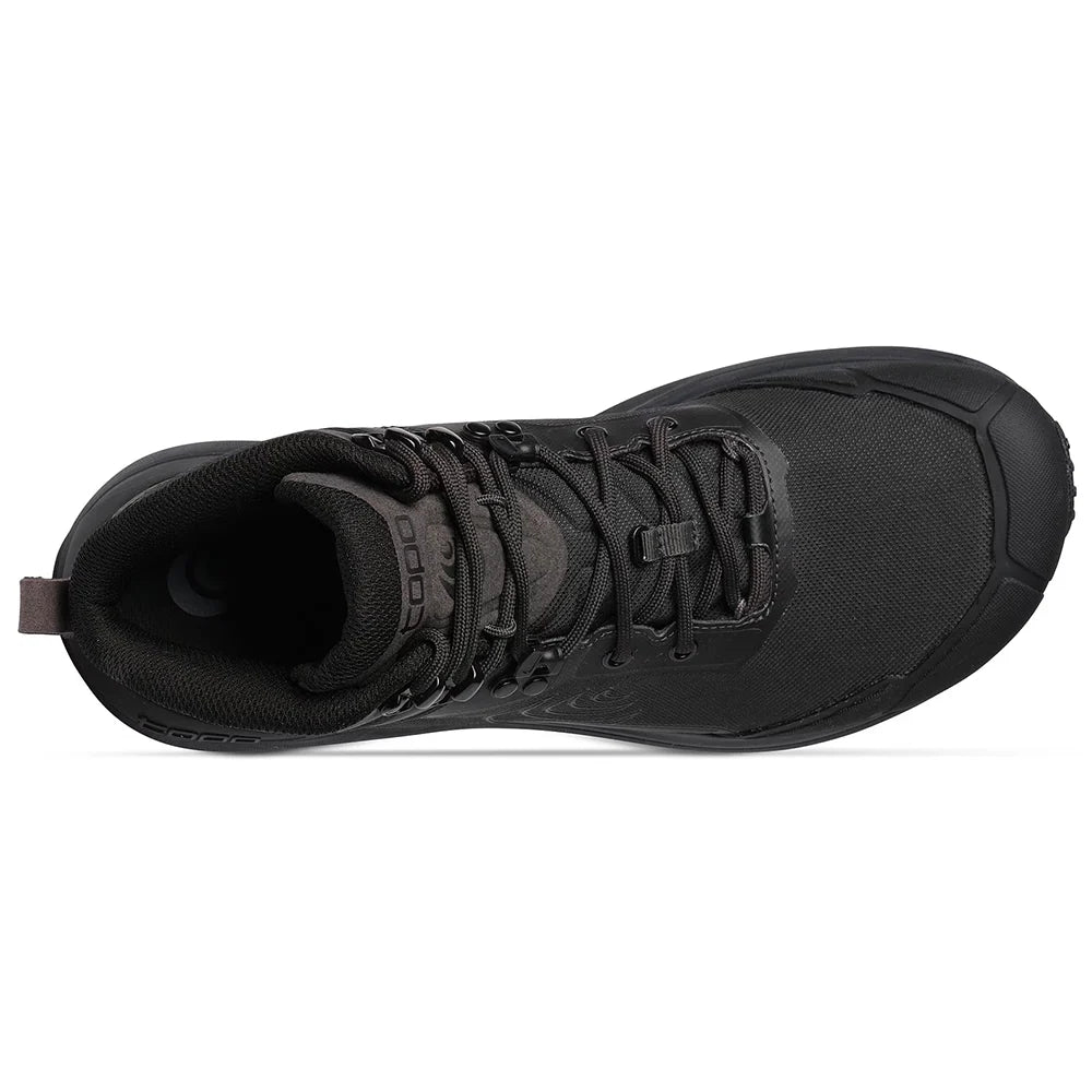 A black waterproof hiking boot shown from a side profile view against a plain white background.