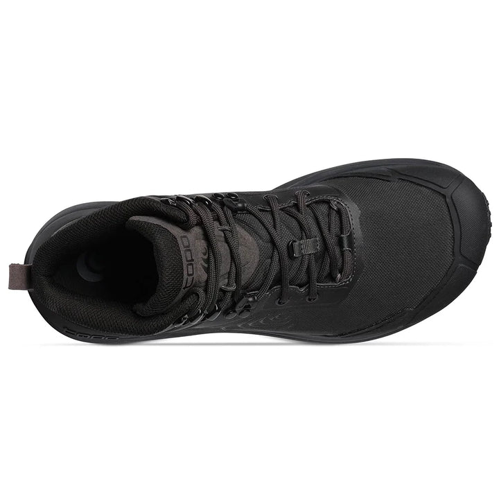 A black waterproof hiking boot shown from a side profile view against a plain white background.
